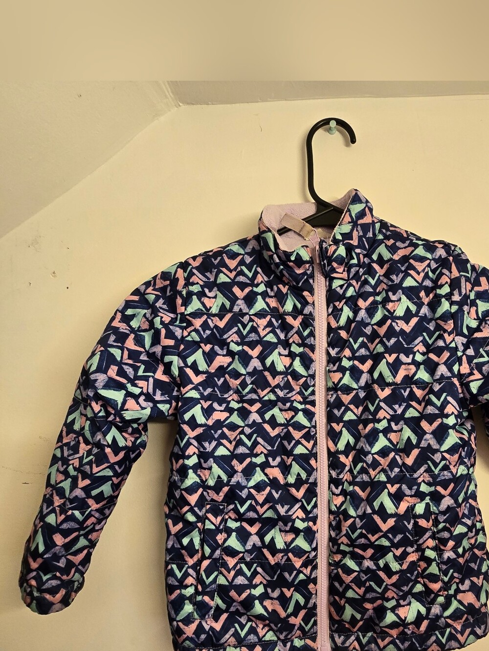 Girls' Navy Patterned Puffer Jacket with Lilac Trim 4T